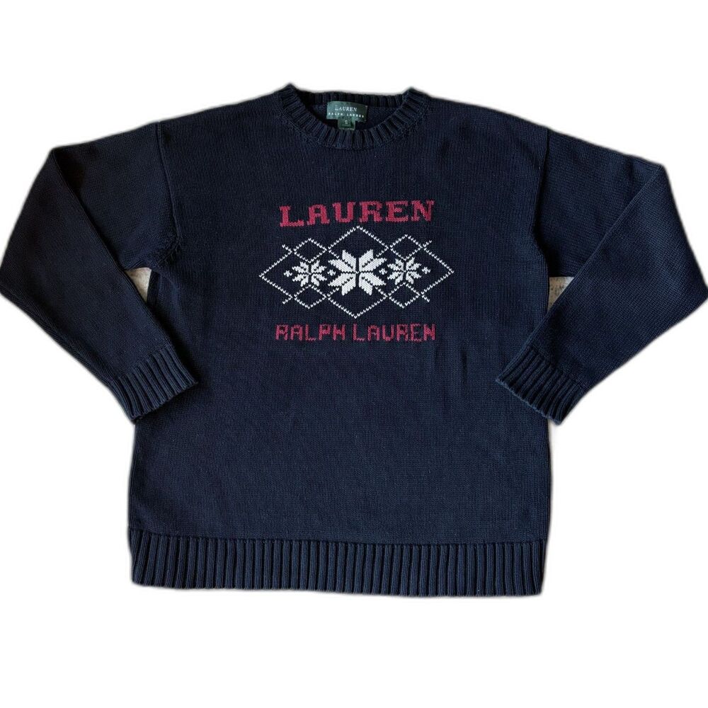 Vintage Ralph Lauren Navy Spellout Snowflake Logo Cotton Crewneck Sweater Small